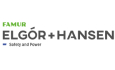 Logo. Zielony napis Famur. Poniżej napisy czarny napis Elegor+Hansen.