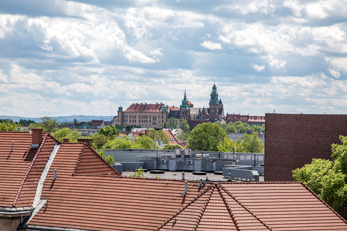 Zammek królewski na Wawelu na tle białych chmur. Przed zamkiem pomarańczowe dachówki budynków.
