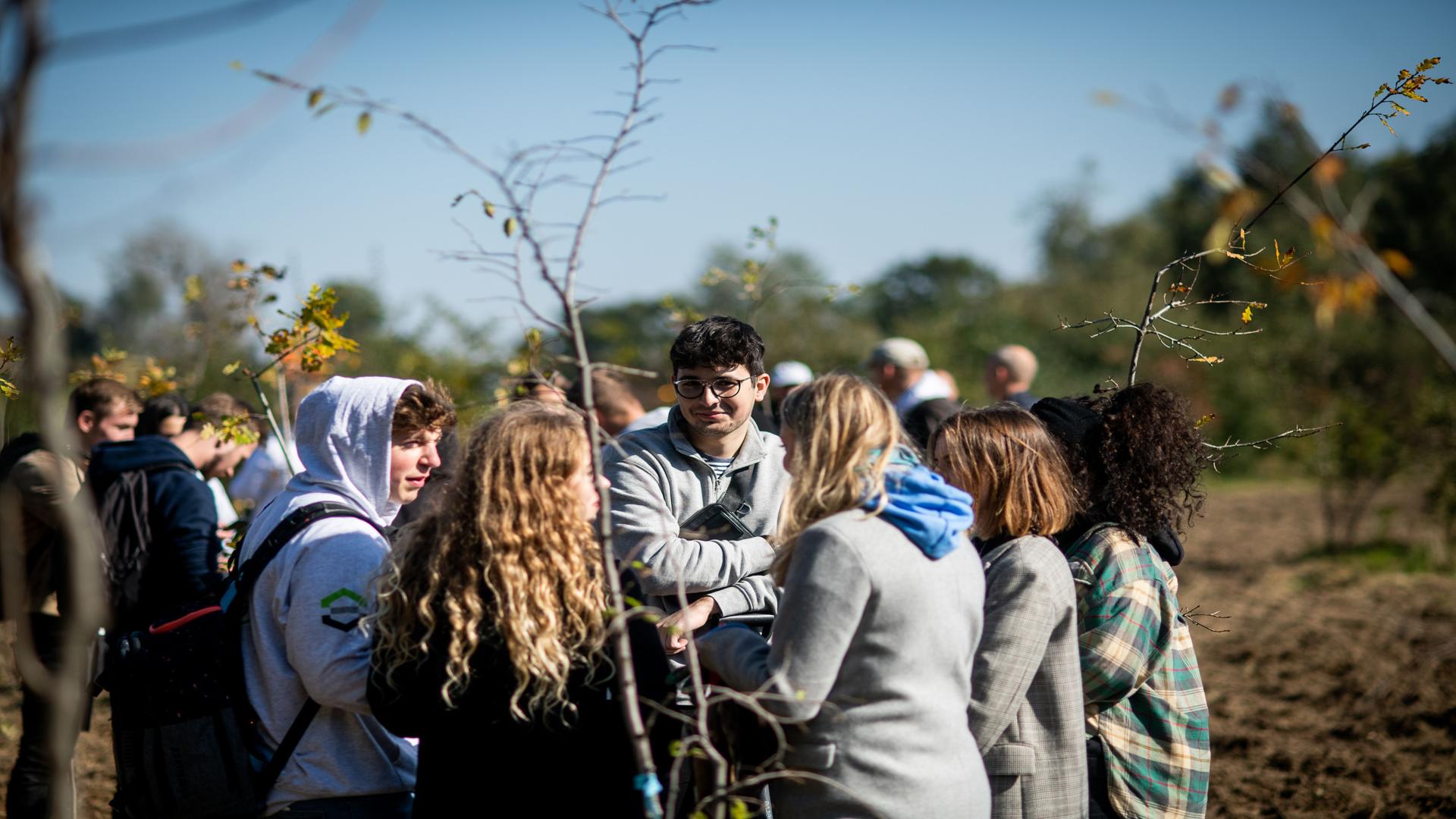 Studentki oraz studenci rozmawiają ze sobą na tle zasadzonych sadzonek