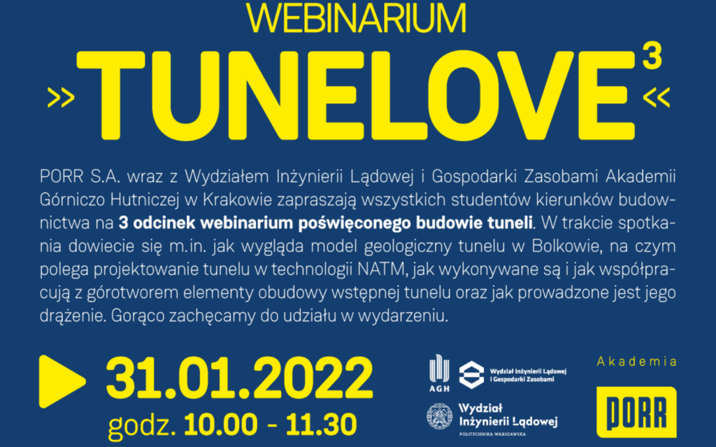 Grafika. Zółty napis na niebieskim tle. Napis brzmi: Webinarium TUNELOVE. 31.01.2022 godz. 10.00-11.30.