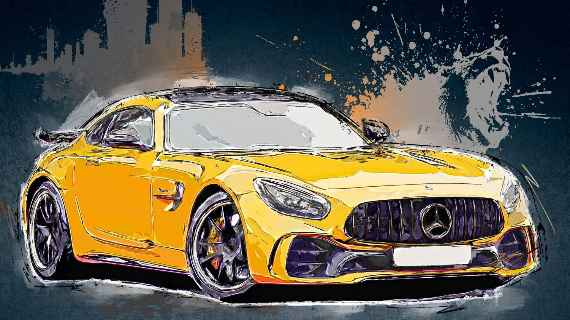 Grafika stylizowana na kolorowy szkic. Żółty Mercedes na tle ryczącego lwa.