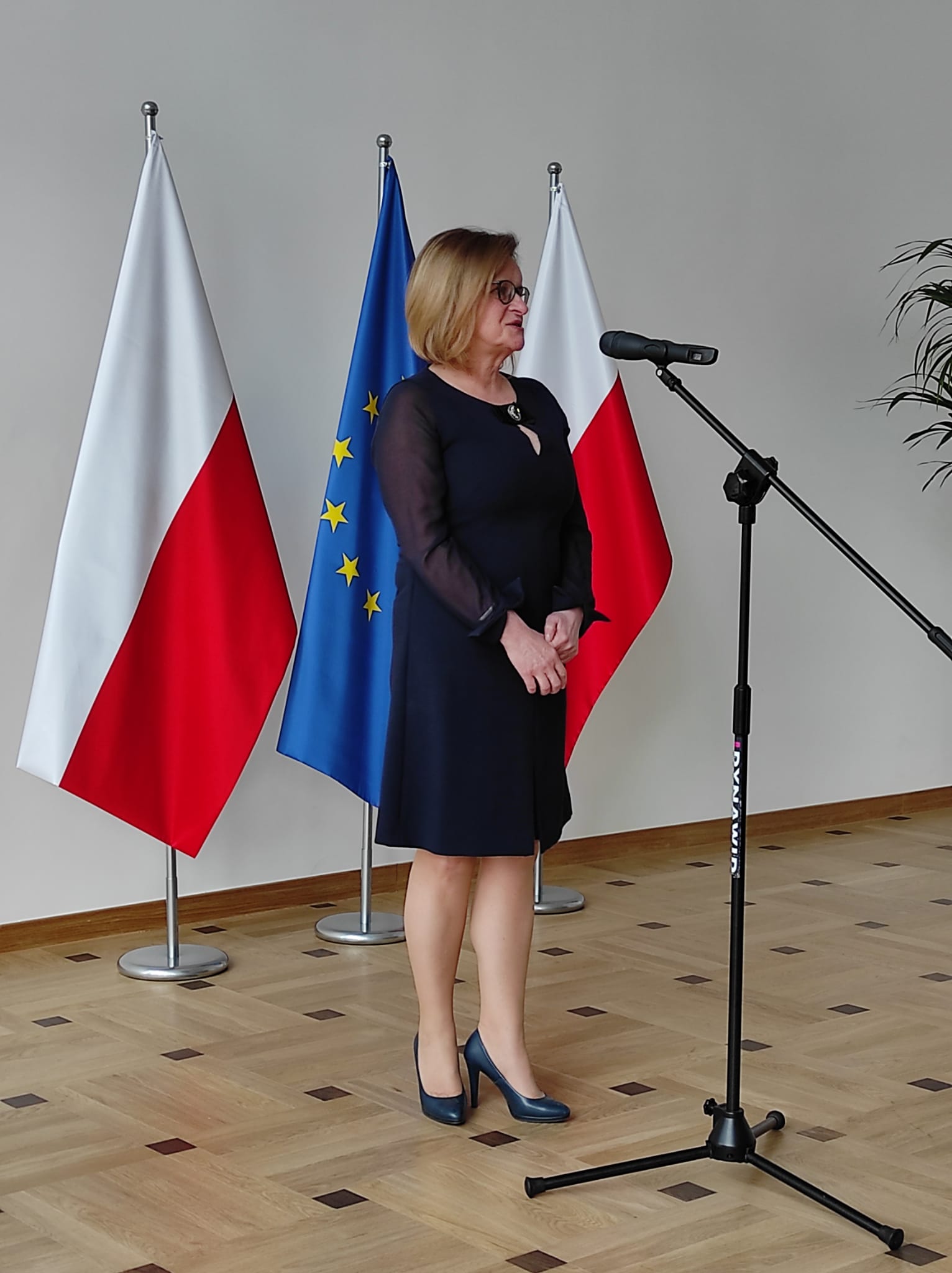 Elegancko ubrana kobieta stoi stoi przed mikrofonem. Za nią znajudją się dwie biało-czerwone flagii pomiędzy którymi znajuje się flaga flaga Unii Europejskiej.