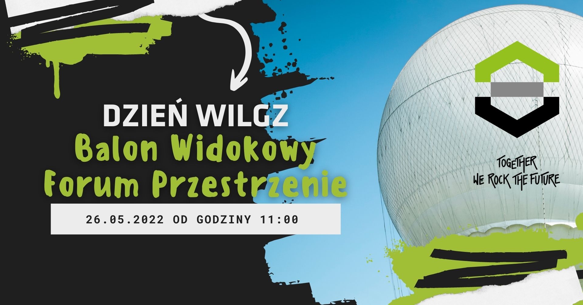 Wielobarwna grafika. Na grafice po lewej stronie znajduje się biały balon widokowy Krakowa. Na balonie znajduje się w centralnej części logo wydziału. Na grafice w jej centralnej cześci znajduje się napis: 'Dzień Wydziału Inżynierii Lądowej i Gospodarki Zasobami. Balon widokowy Forum Przestrzenie. 26.052022 od godziny 11.00.'