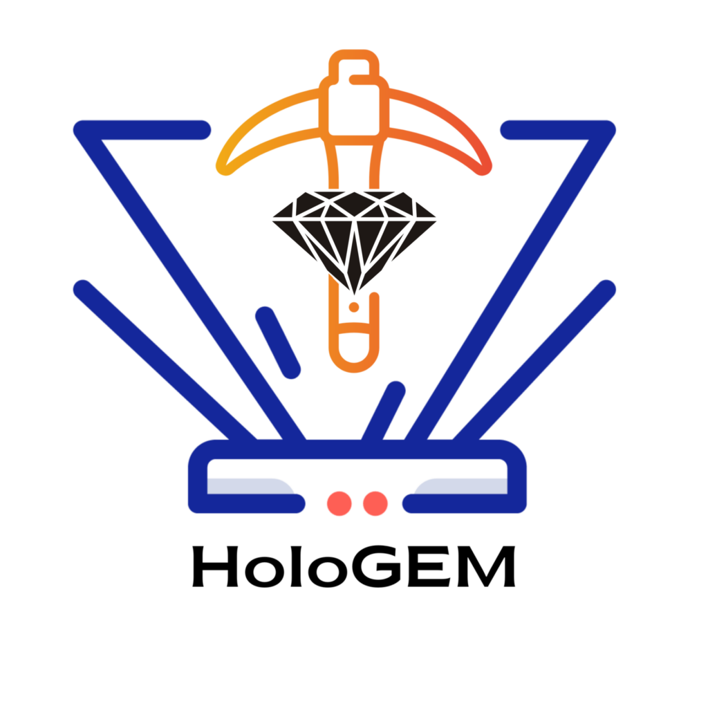 Logo HoloGEM. Kilof znajdujący się w odwróconym trapezie. Pod trapezem widoczny jest prostokąt. Na środku styliska widoczny jest czarny diament. Pod protoskątem napis: HoloGEM.
