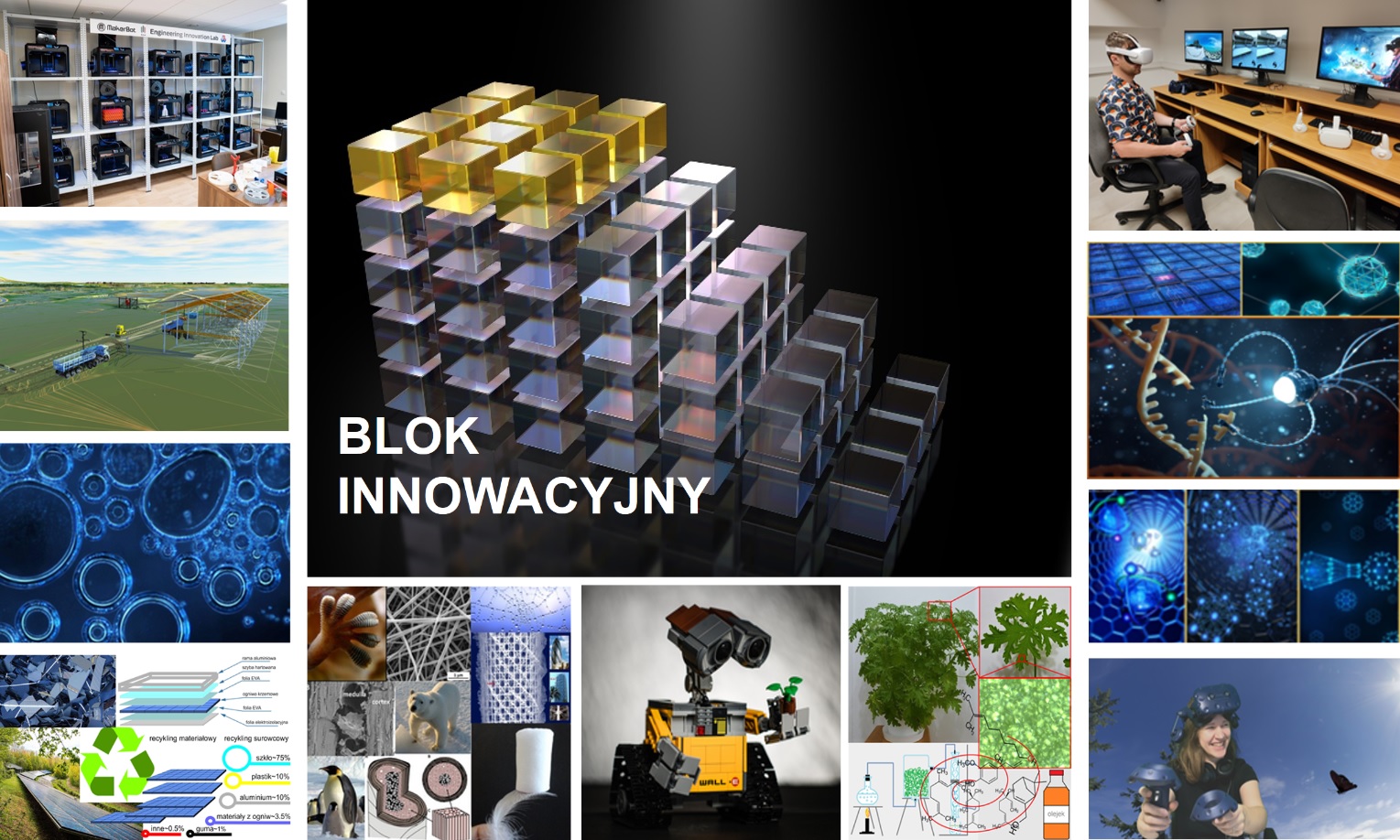 Na zdjęciu widać kolaż obrazujący różne aspekty innowacji w nauce i technologii. W lewym górnym rogu znajduje się zdjęcie nowoczesnego laboratorium z szeregiem drukarek 3D. Obok niego widzimy trójwymiarową wizualizację konstrukcji inżynieryjnej, która przypomina instalację przemysłową. Centralnym elementem jest trójwymiarowa grafika przedstawiająca bloki o różnej przejrzystości i kolorach, z napisem 'BLOK INNOWACYJNY' umieszczonym pośrodku. W prawym górnym rogu widzimy osobę korzystającą z gogli wirtualnej rzeczywistości. Po lewej stronie u dołu znajduje się obrazek mikroskopijnych bąbelków, a obok niego diagram przedstawiający procentowy udział recyklingu różnych materiałów. Poniżej mamy zdjęcia różnych aspektów inżynierii: od robotyki, przez rośliny, po interaktywną zabawę z wykorzystaniem technologii VR. Zdjęcia i grafiki tworzą mozaikę pokazującą szeroki zakres innowacji, od badań podstawowych po praktyczne zastosowania w inżynierii i zarządzaniu.